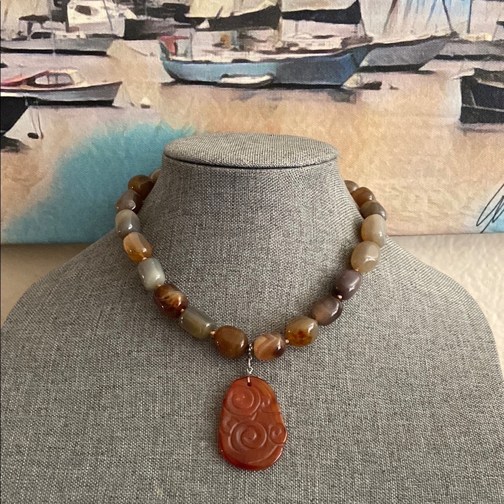 Vintage 70s Carnelian & Agate Stones Choker Necklace